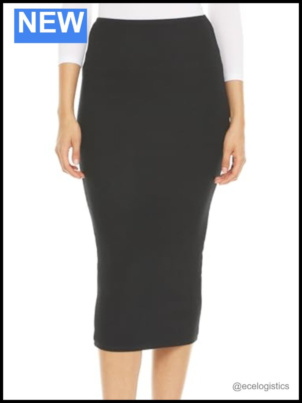 Ribbed Midi Pencil Skirt Elastic High Waist Stretchy Bodycon Office Wear